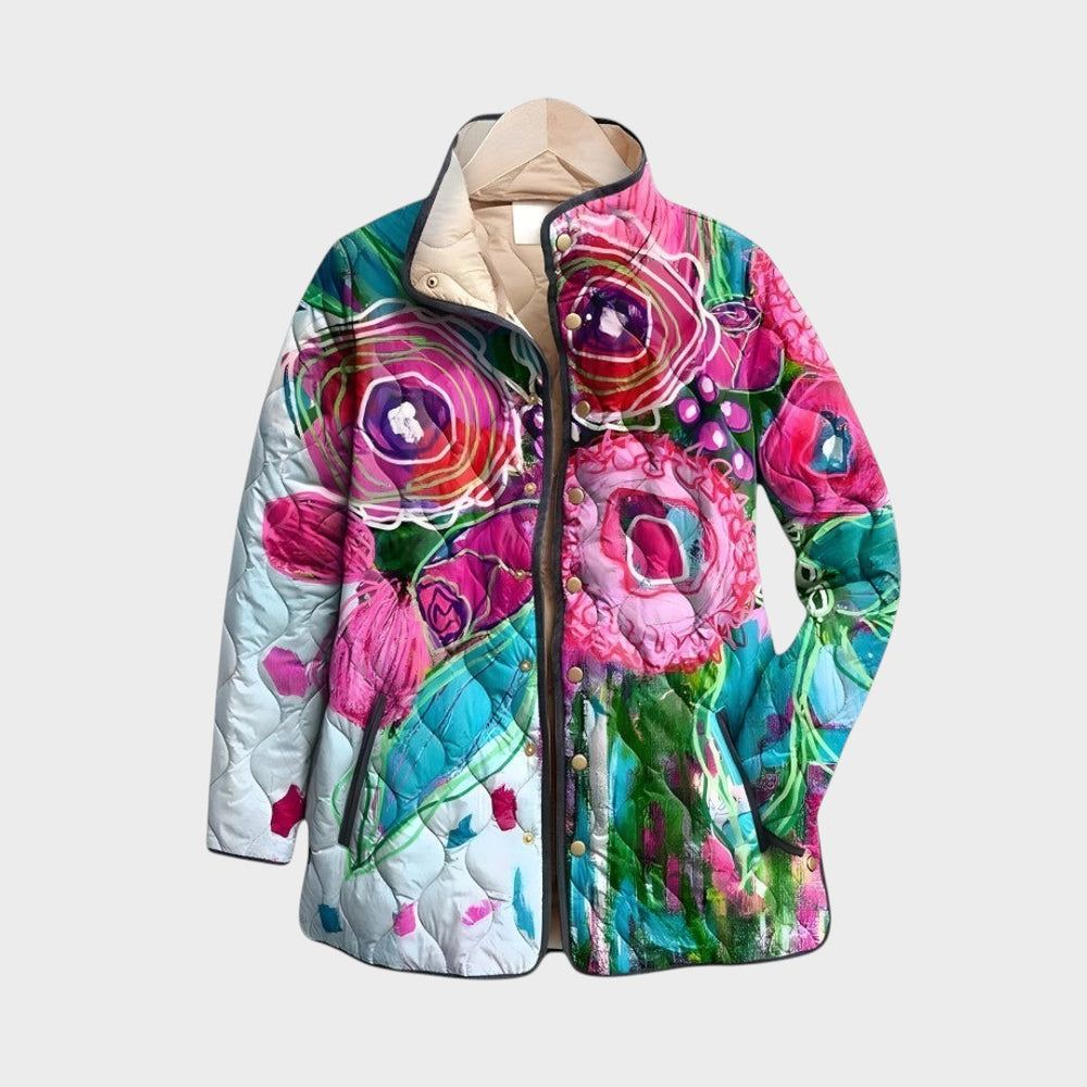 Casaco acolchoado Lars Hamburg Calliope com padrão floral vibrante em tons de rosa, azul e verde, estilo elegante.