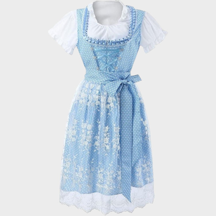 Dirndl Lars Hamburg Genoveva azul claro com avental de renda branca e blusa de mangas curtas estilo vintage