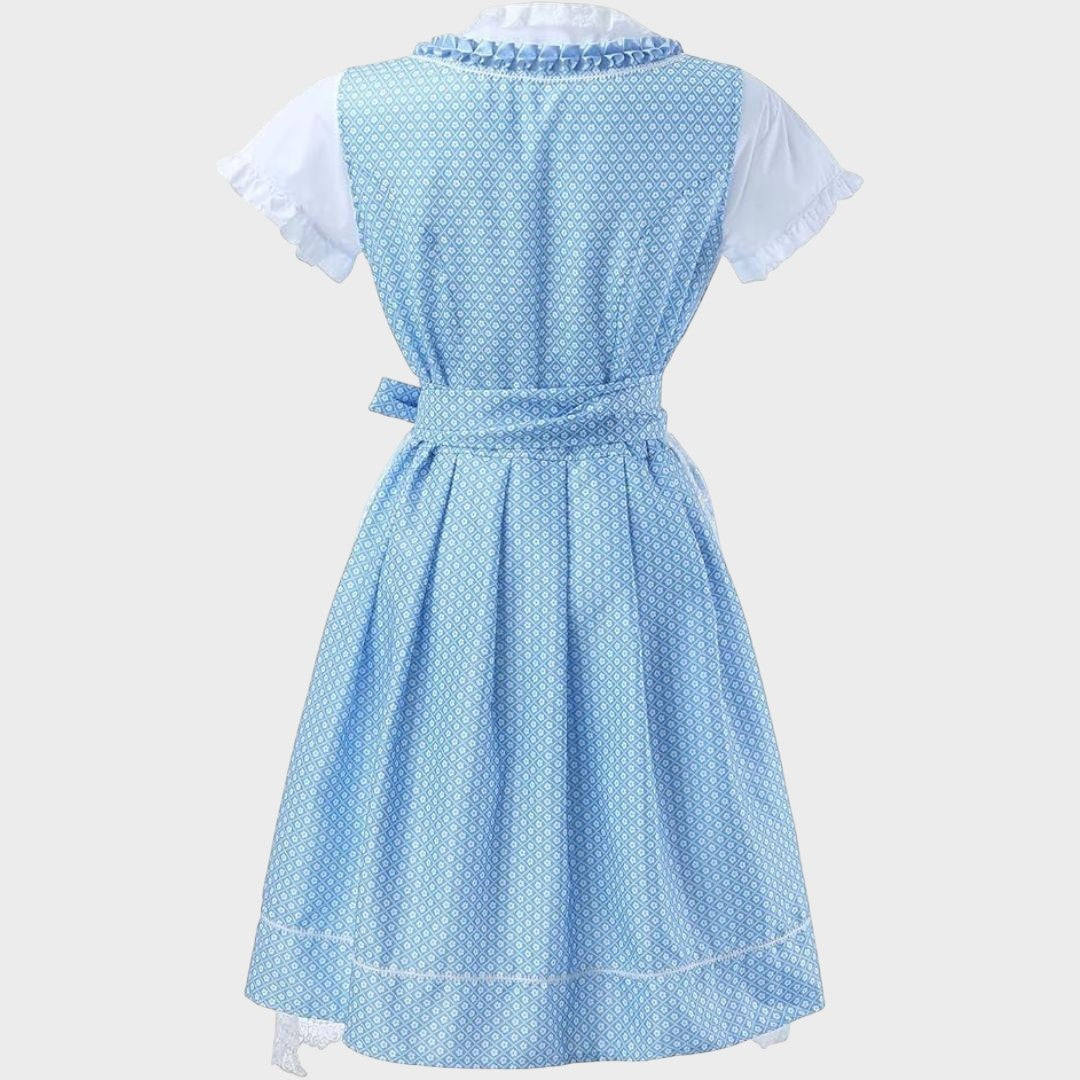 Dirndl Lars Hamburg azul com padrão geométrico, blusa branca e avental, estilo vintage para ocasiões festivas