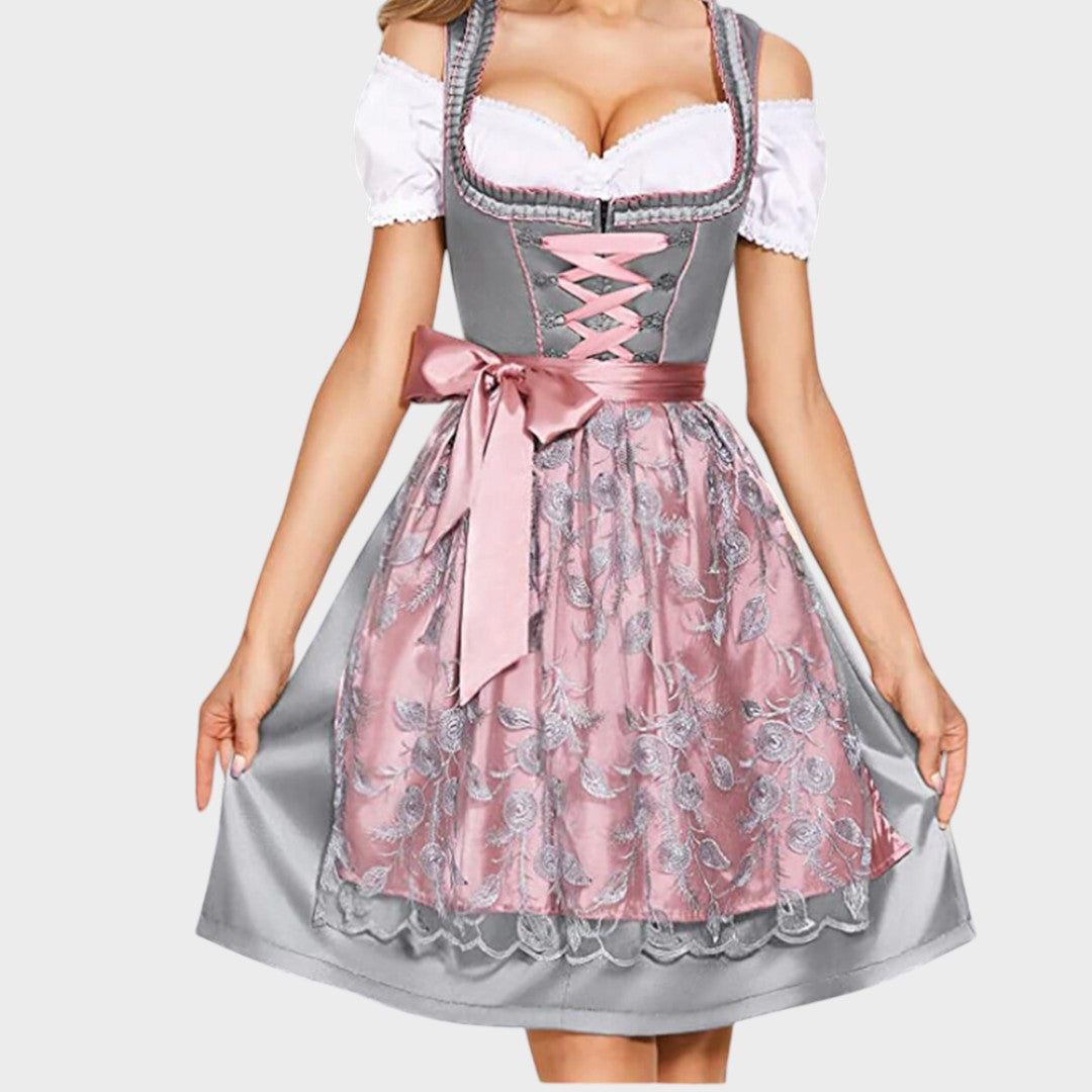 Dirndl Lars Hamburg cinzento e rosa com avental bordado, blusa branca e laço elegante para festas tradicionais