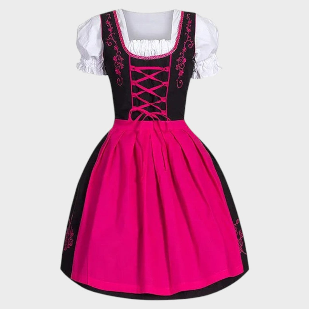 Vestido de dirndl Lars Hamburg preto e rosa com blusa branca, estilo tradicional bávaro para Oktoberfest.