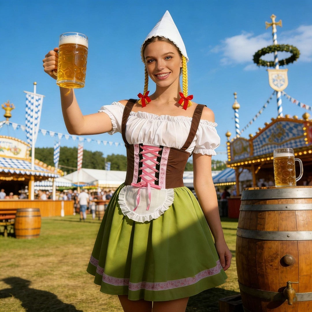 Modelo com traje Dirndl Lars Hamburg, vestido com avental, corpete com laço e lenço com tranças num festival de cerveja.