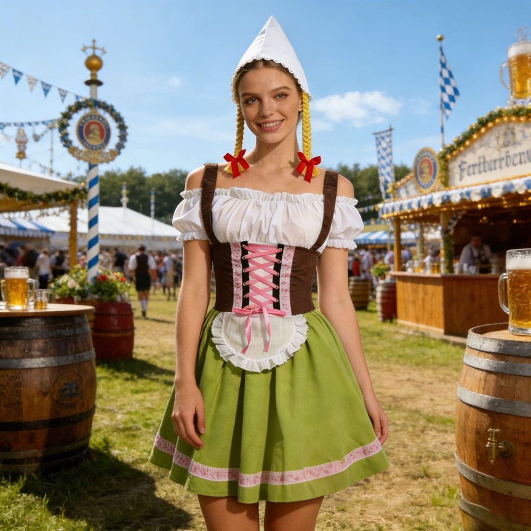 Modelo com traje Dirndl Lars Hamburg, vestido com corpete castanho, saia verde, avental e lenço com tranças loiras.