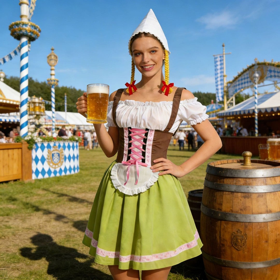 Modelo com traje Dirndl Lars Hamburg, vestido com corpete castanho, saia verde, avental e lenço com tranças loiras.
