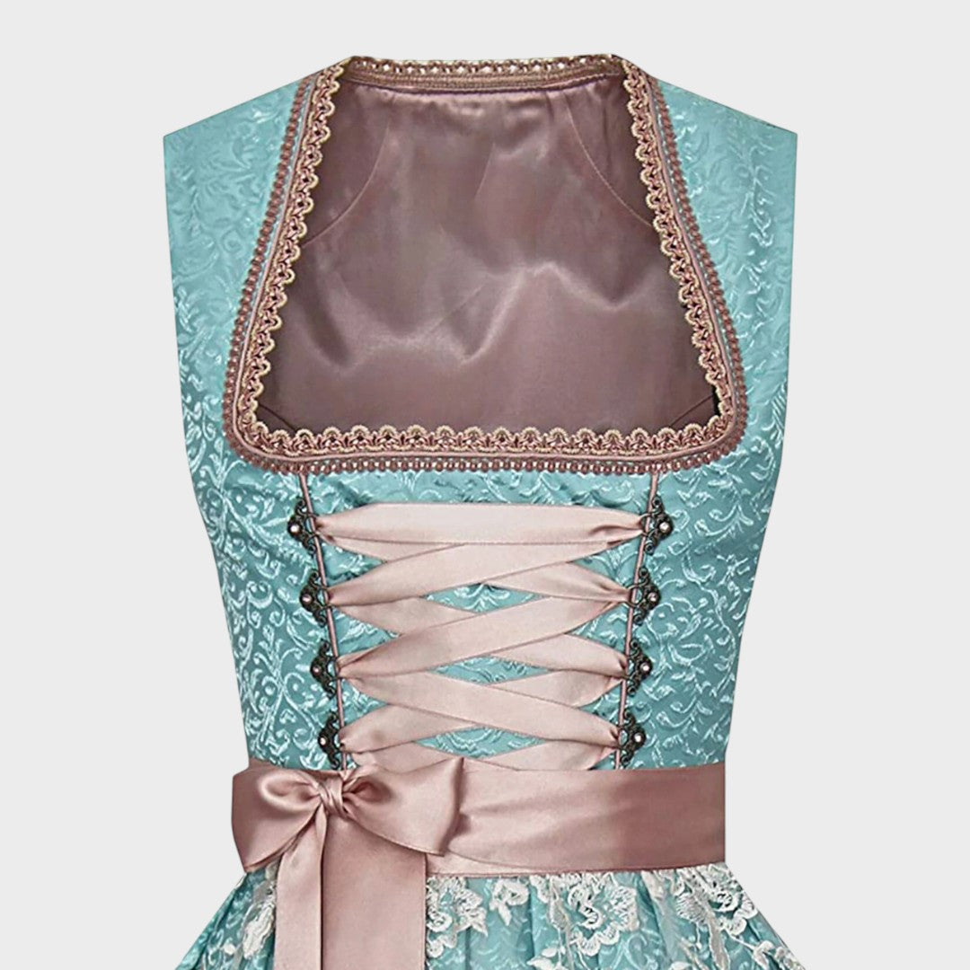Lars Hamburg Dirndl Gretl em turquesa e rosa com corpete bordado, decote quadrado e laço de cetim elegante.