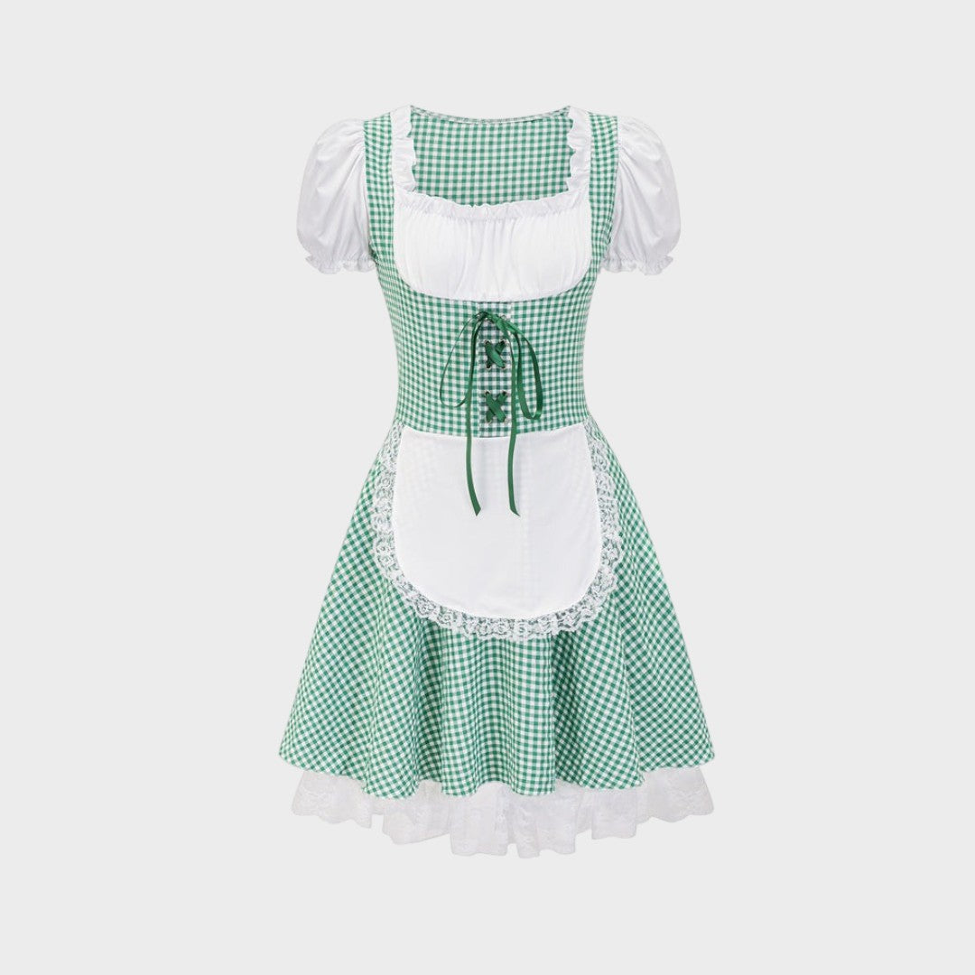 Dirndl Lars Hamburg verde com padrão xadrez, mangas curtas brancas, avental e detalhes em renda para Oktoberfest.