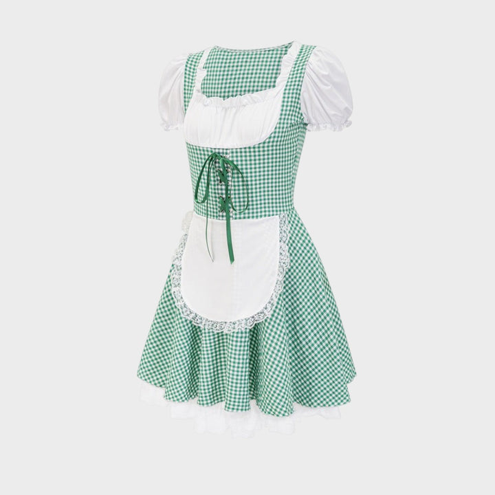 Dirndl Lars Hamburg verde com padrão xadrez, mangas brancas bufantes, avental e detalhes em renda para Oktoberfest.