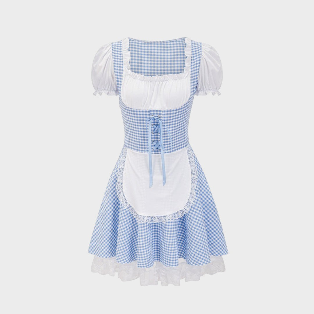 Dirndl Lars Hamburg azul e branco com padrão xadrez, mangas bufantes, avental branco e detalhes em renda românticos.