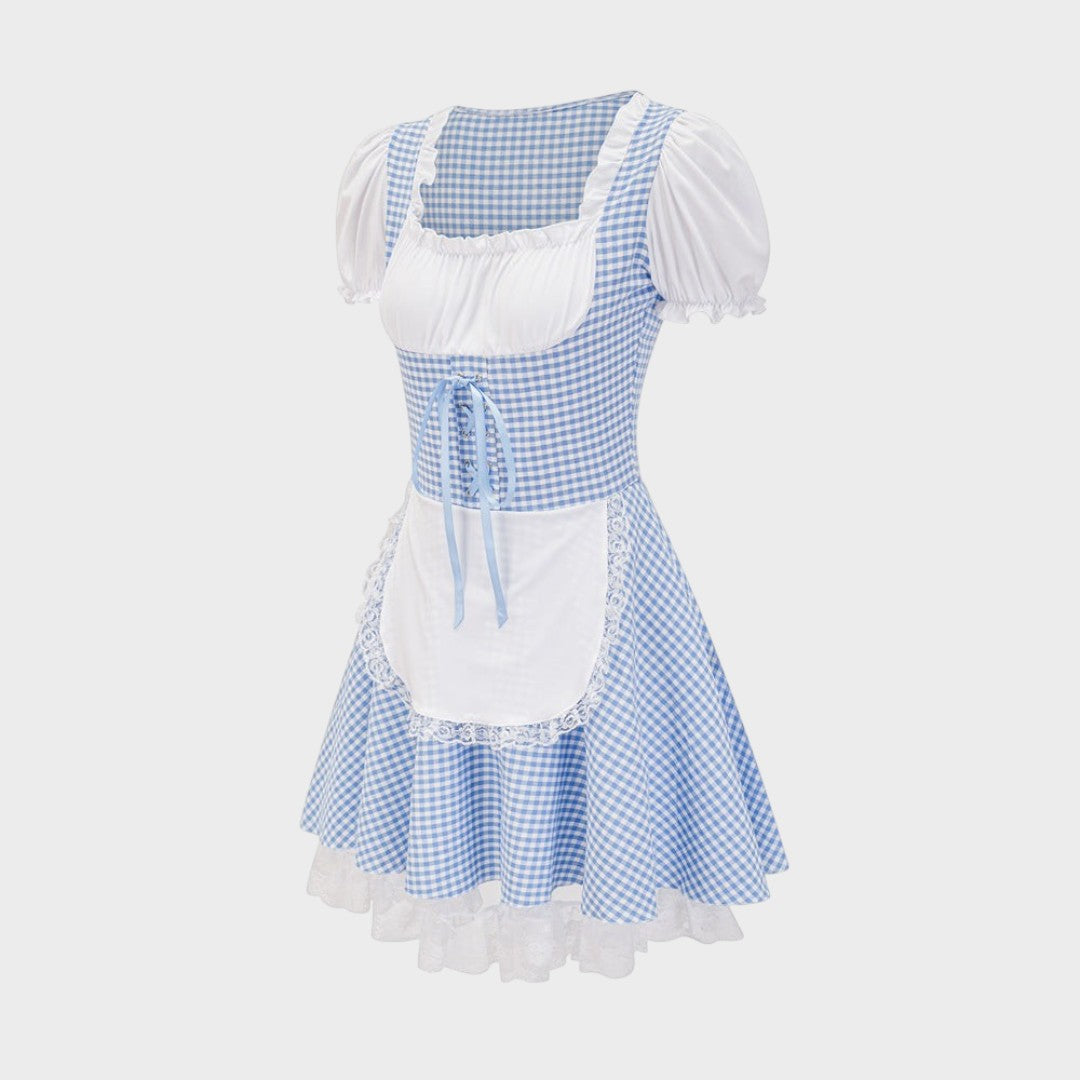 Dirndl Zita da Lars Hamburg em azul e branco com padrão xadrez, mangas curtas, avental branco e detalhes em renda.