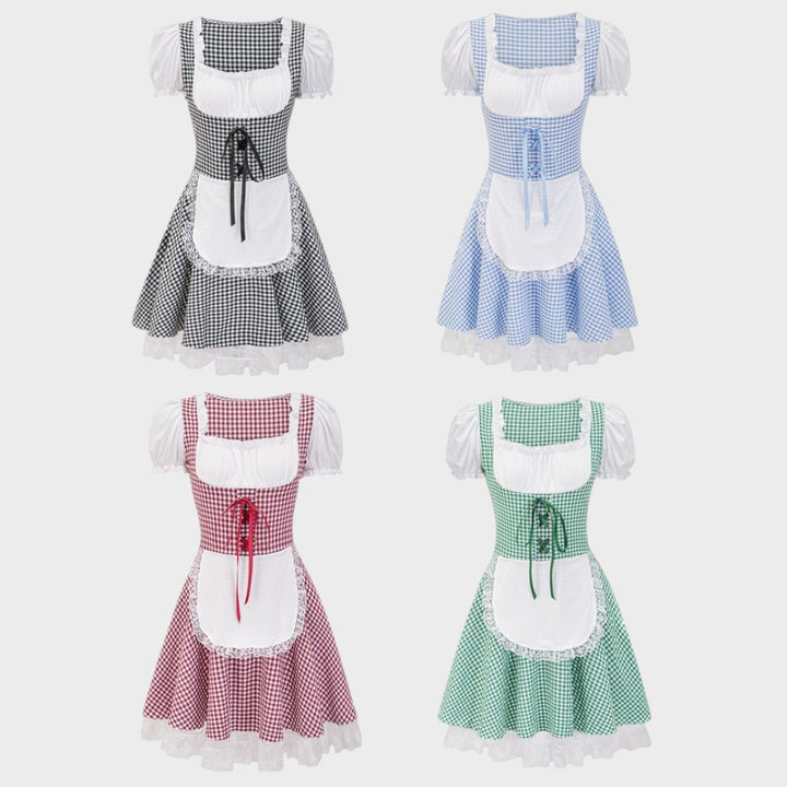 Dirndlkleid Zita da Lars Hamburg com padrão xadrez, mangas bufantes, avental branco e detalhes em renda.
