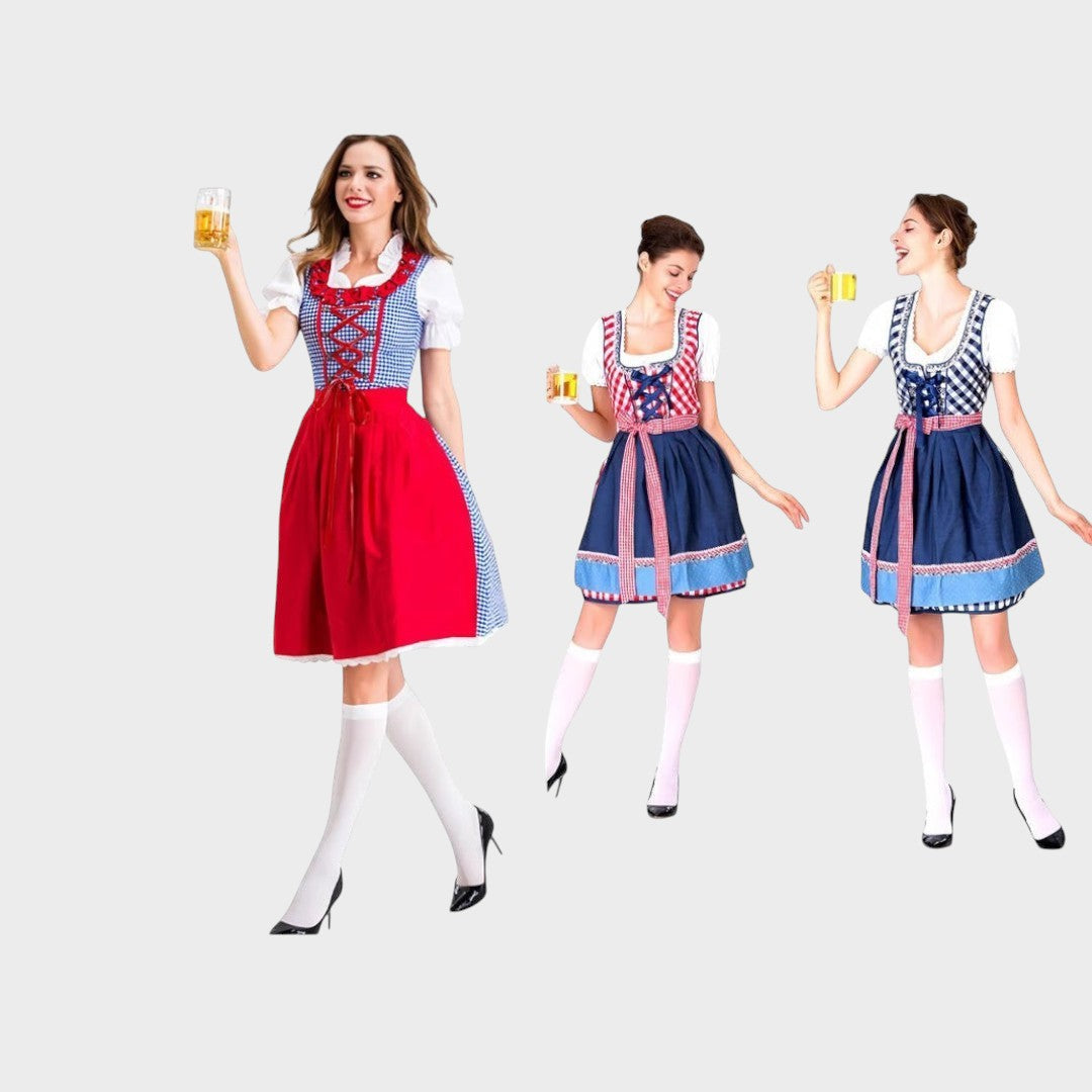 Modelos vestindo Dirndlkleid Lars Hamburg com avental xadrez, blusa branca e saia colorida para festas tradicionais.