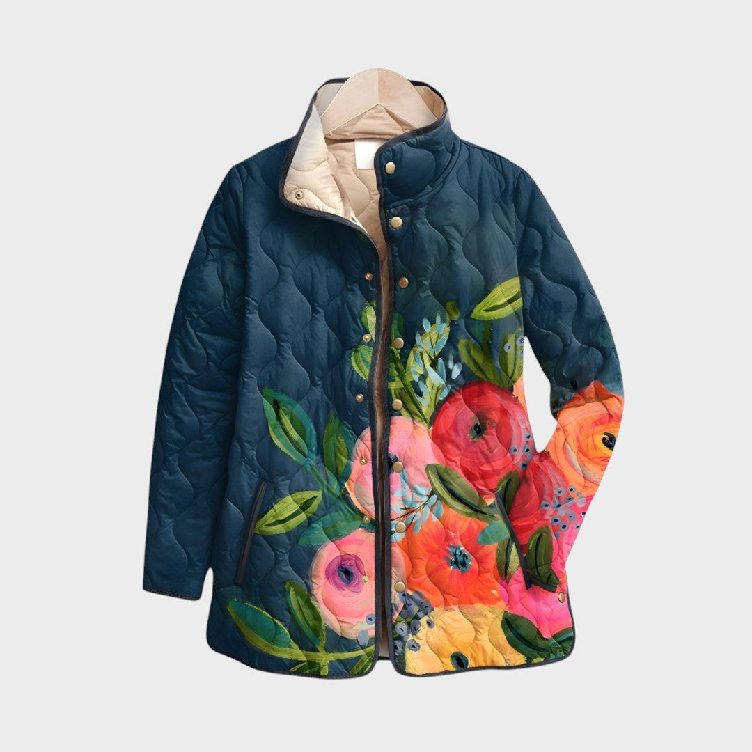 Jaqueta acolchoada Lars Hamburg Alexis com padrão floral vintage em tons de azul, vermelho e laranja.