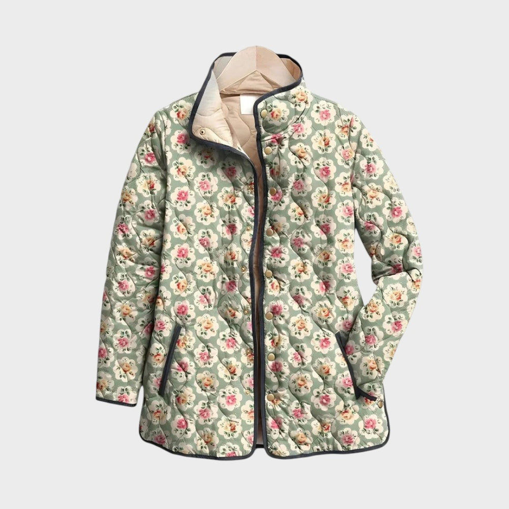 Jaqueta acolchoada Lars Hamburg com estampa floral vintage em tons de verde, rosa e creme, estilo elegante e leve.