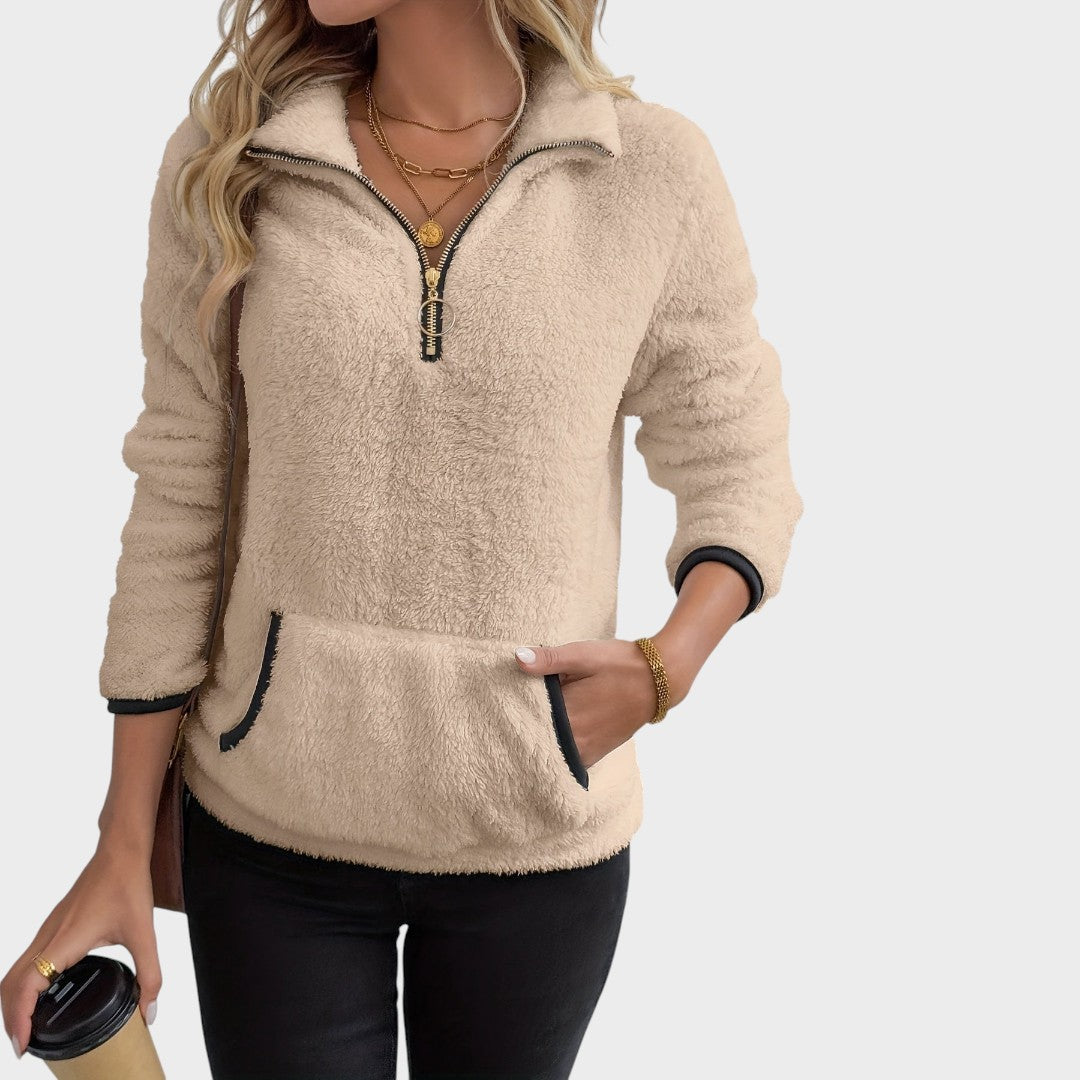 Sweatshirt com capuz Lars Hamburg Juliette em tecido felpudo bege com fecho de correr frontal e bolso canguru