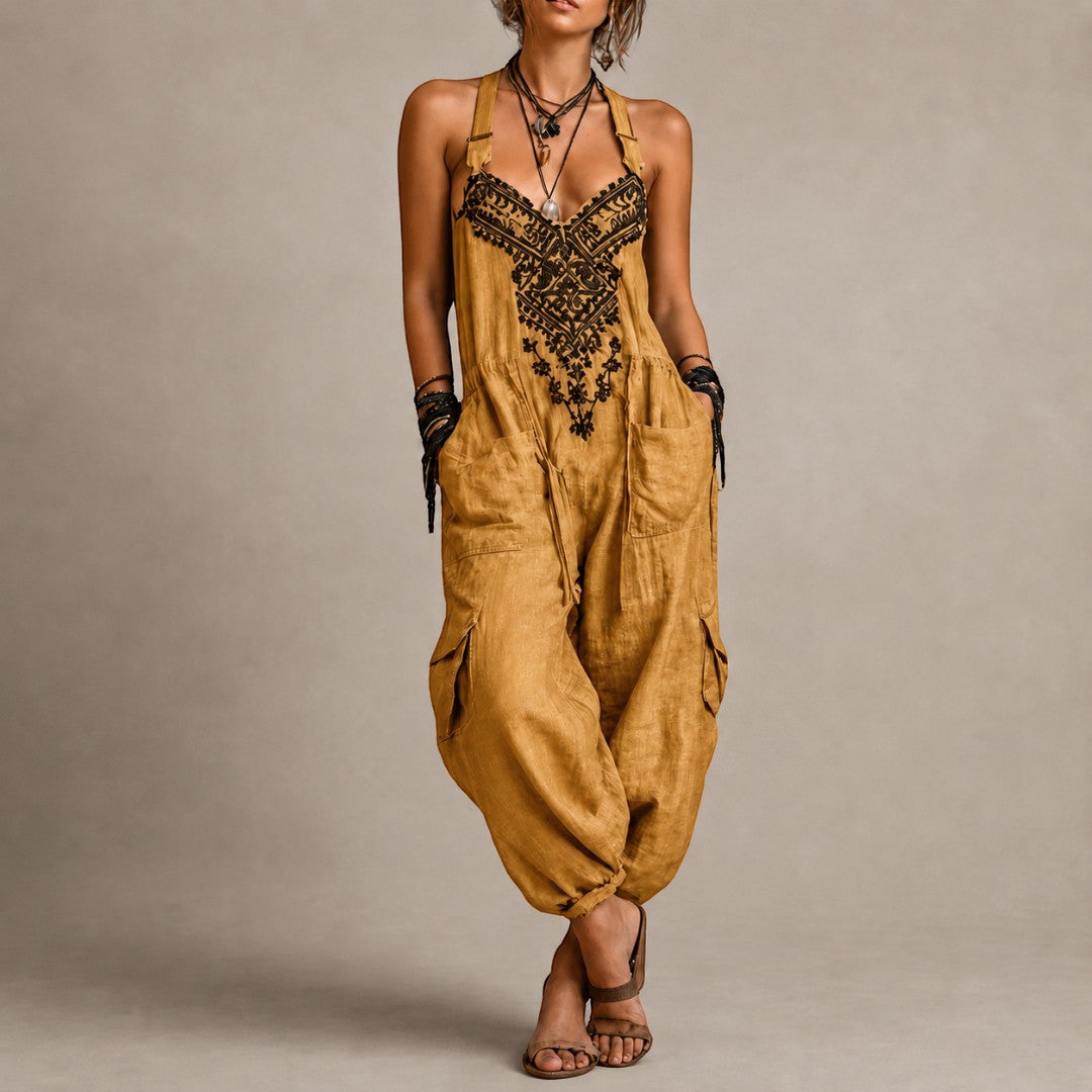 Boho-Latzhose in Senfgelb mit Taschen und weitem Bein