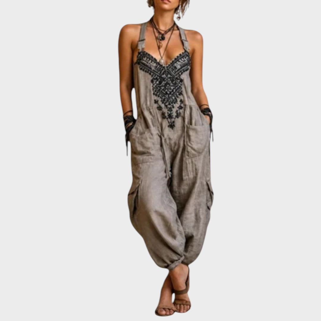 Boho-Latzhose mit Ornament-Stickerei in Taupe für Damen