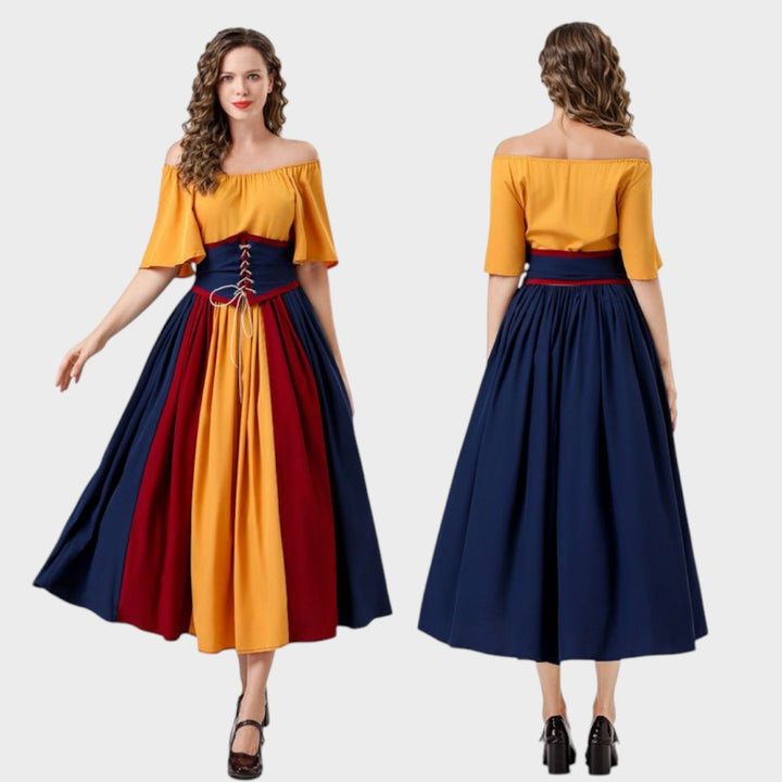 Maxikleid Lars Hamburg com corpete de atacadores, mangas curtas e saia colorida em amarelo, azul e vermelho