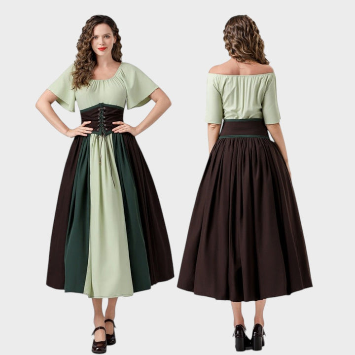 Maxikleid Lars Hamburg em tons de verde e castanho com corpete de atacadores e mangas curtas, vista frontal e traseira