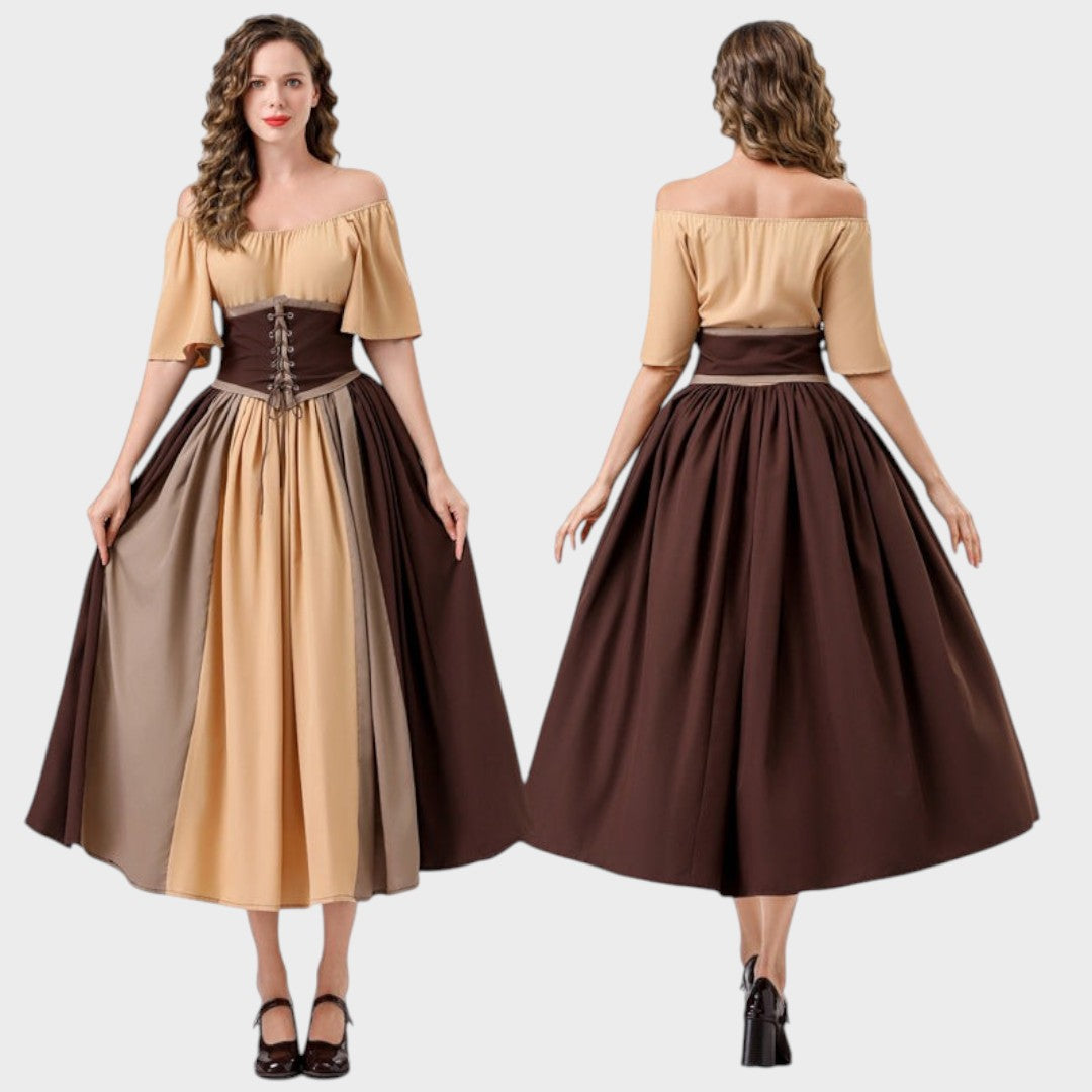 Maxikleid Lars Hamburg em tons de bege e castanho com corpete de atacadores, ombros descobertos e saia rodada.