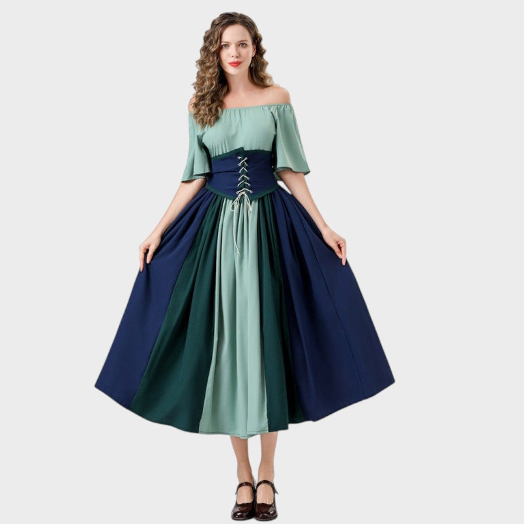Maxivestido Lars Hamburg com corpete de atacadores, mangas curtas e painéis em tons de verde e azul marinho