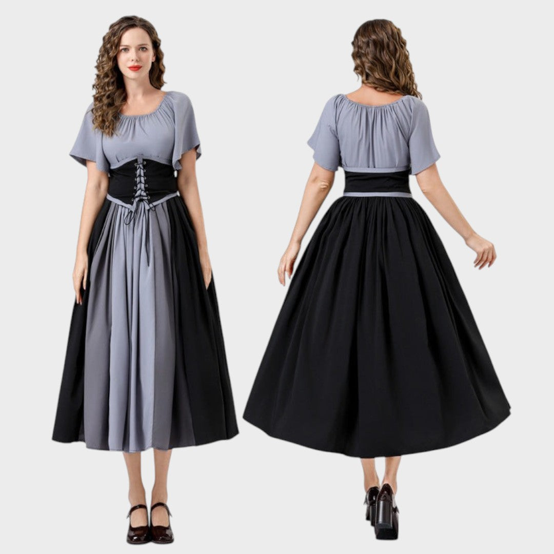 Maxivestido Lars Hamburg em cinzento e preto com corpete de atacadores, mangas curtas e saia fluida para eventos.
