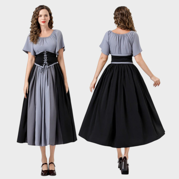 Maxivestido Lars Hamburg em cinzento e preto com corpete de atacadores, mangas curtas e saia fluida para eventos.