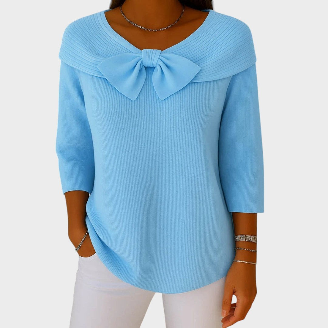 Pullover elegante Lars Hamburg azul claro com detalhe de laço no decote e mangas três quartos