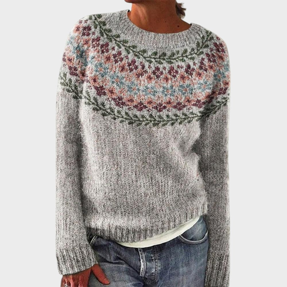 Pullover de malha cinzento Lars Hamburg com padrão jacquard floral escandinavo e decote redondo para outono