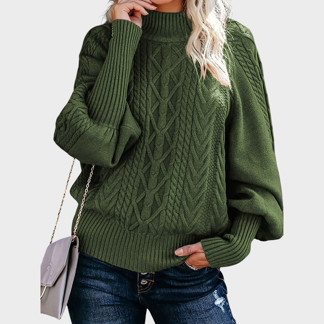 Pullover de malha verde com gola alta e padrão de tranças da Lars Hamburg, estilo casual e confortável.