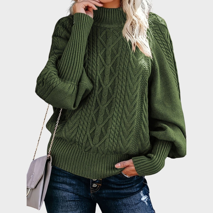 Pullover de malha verde com gola alta e padrão de tranças da Lars Hamburg, estilo casual e confortável.