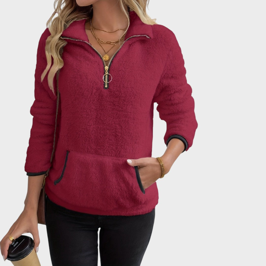 Sweatshirt de malha polar vermelha Lars Hamburg com fecho de correr frontal, gola alta e bolso frontal estilo canguru.