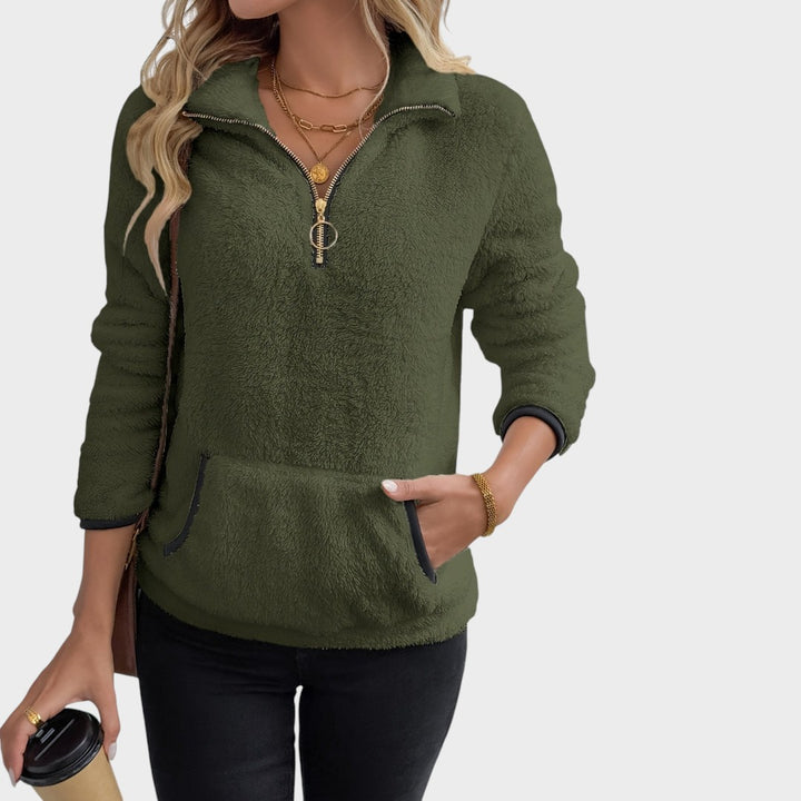 Sweatshirt com fecho de correr Lars Hamburg em tecido polar verde azeitona com gola alta e bolso frontal
