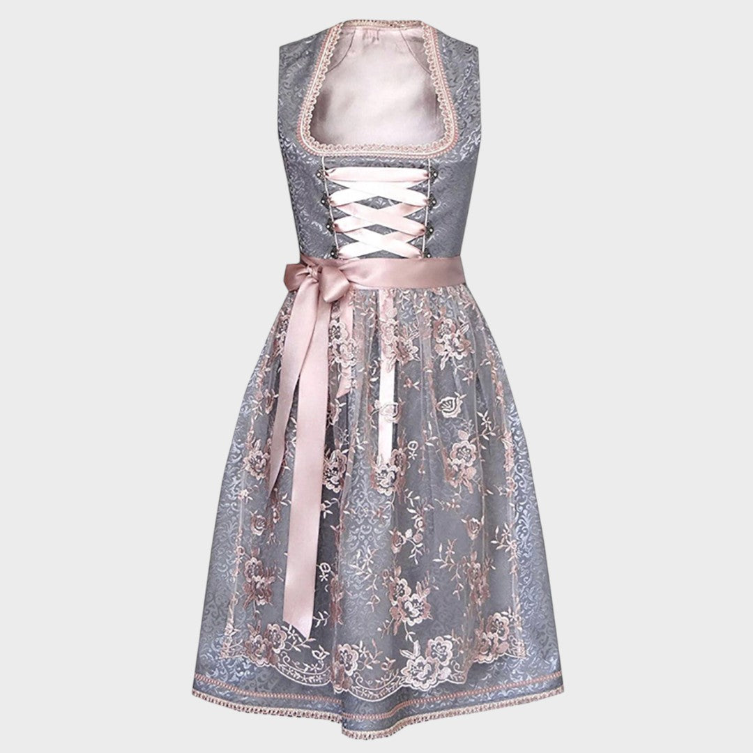 Trachten vestido midi Lars Hamburg em cinzento e rosa com avental, corpete com atacadores e detalhes florais bordados.