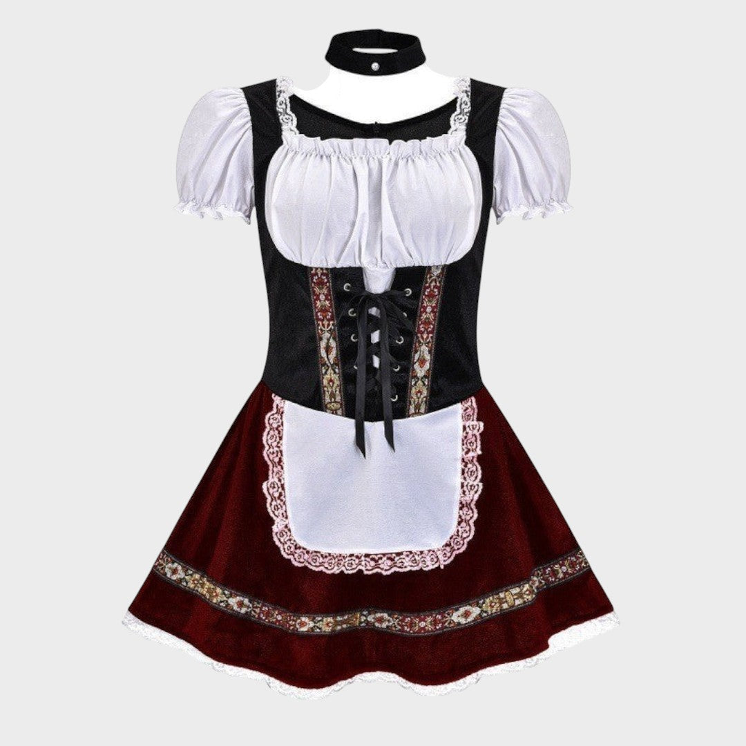 Trachtenkleid Lars Hamburg com corpete preto, saia bordô, avental branco e detalhes de renda para Oktoberfest.
