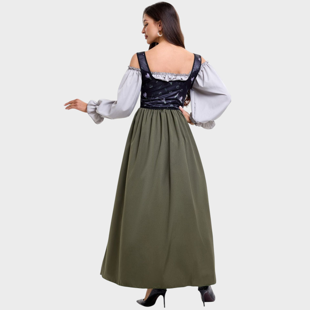 Trachtenkleid Lars Hamburg com corpete floral escuro, mangas bufantes cinzentas e saia longa verde oliva
