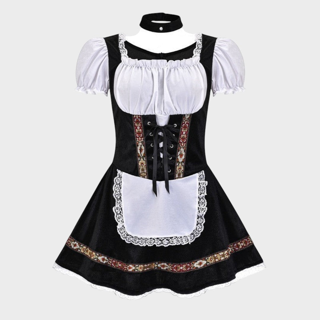 Trachtenkleid Lars Hamburg preto e branco com corpete de atacadores, avental e detalhes florais tradicionais