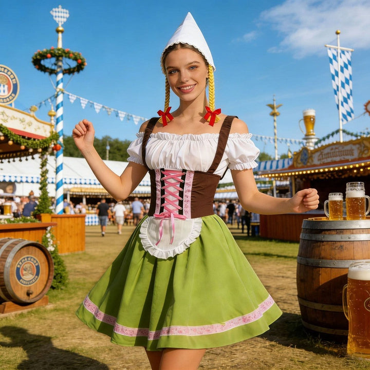Mulher sorridente veste traje Dirndl Lars Hamburg com corpete castanho, saia verde, avental branco e lenço com tranças.