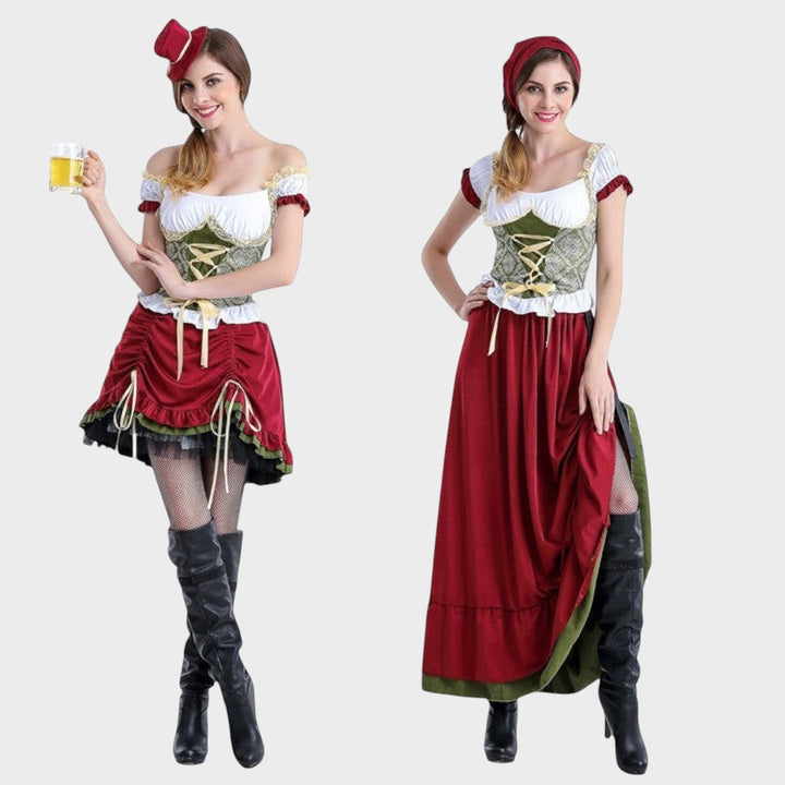 Traje tradicional bávaro Lars Hamburg com corpete, folhos e saia vermelha, usado por modelo com chapéu e botas pretas.