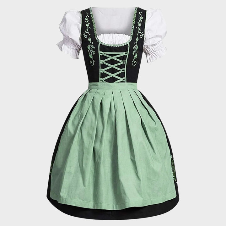 Vestido Dirndl Lars Hamburg preto e verde com avental, mangas bufantes brancas e detalhes bordados para Oktoberfest.