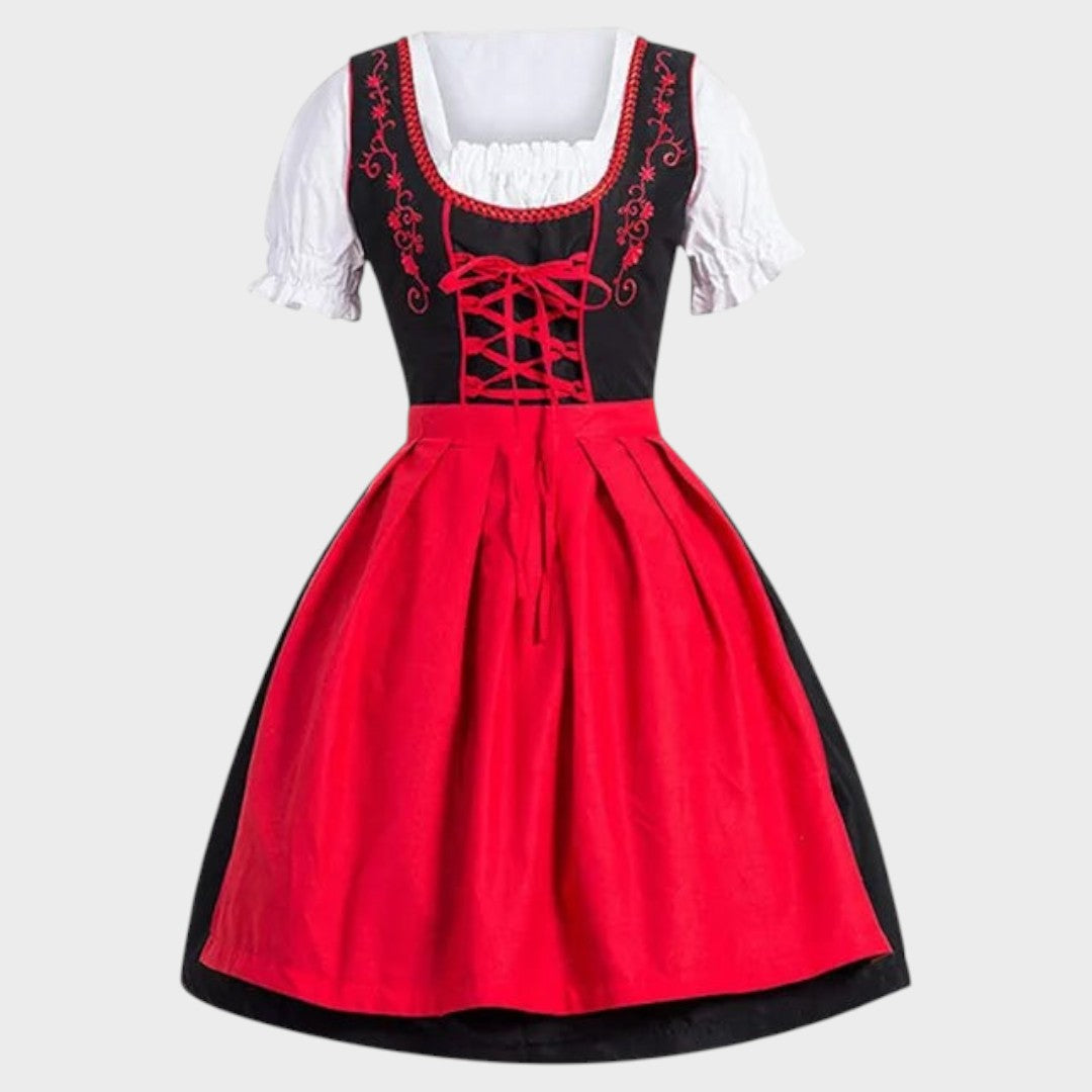 Vestido Dirndl tradicional da Lars Hamburg em preto e vermelho com blusa branca, bordados e laço frontal.