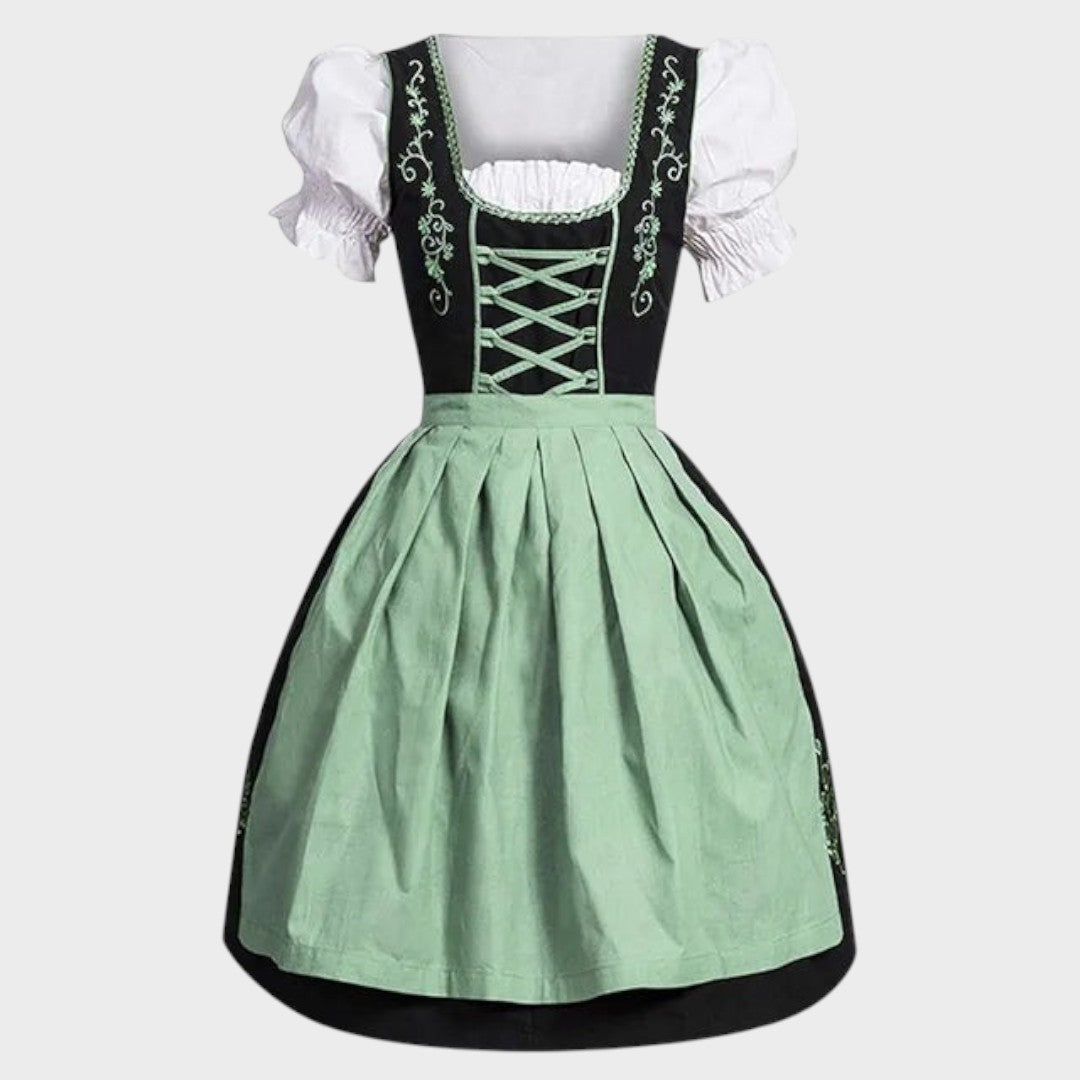 Vestido de dirndl tradicional Lars Hamburg em preto e verde menta com blusa branca de mangas curtas e detalhes bordados.