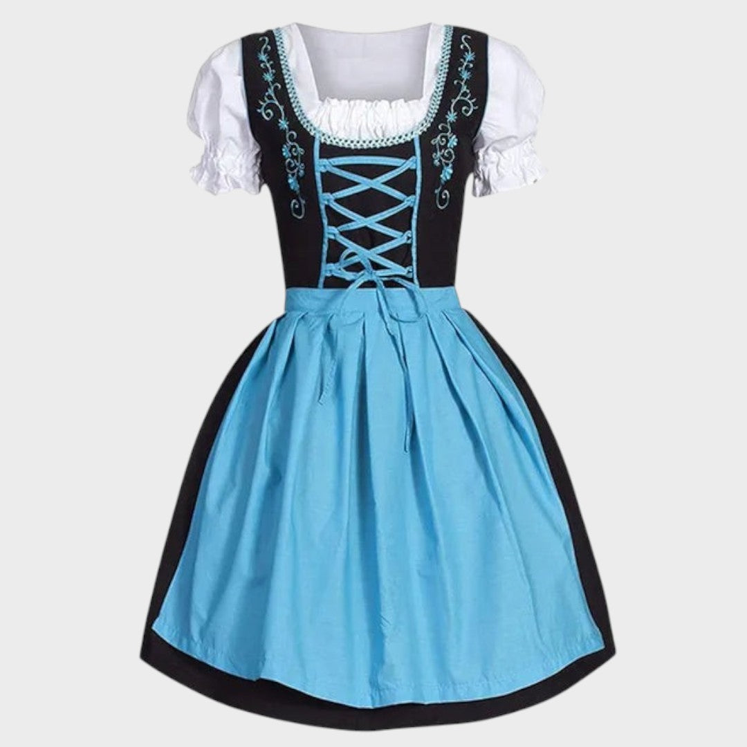 Vestido Dirndl tradicional Lars Hamburg em preto e azul com detalhes bordados, decote quadrado e avental.