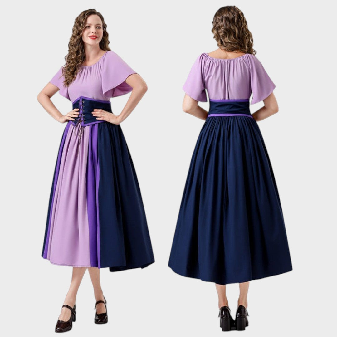 Lars Hamburg vestido maxi roxo e azul com espartilho de atacadores e mangas largas, vista frontal e traseira.