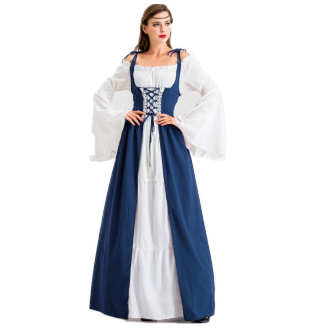Vestido medieval Lars Hamburg azul e branco com mangas largas e corpete com atacadores para festas temáticas