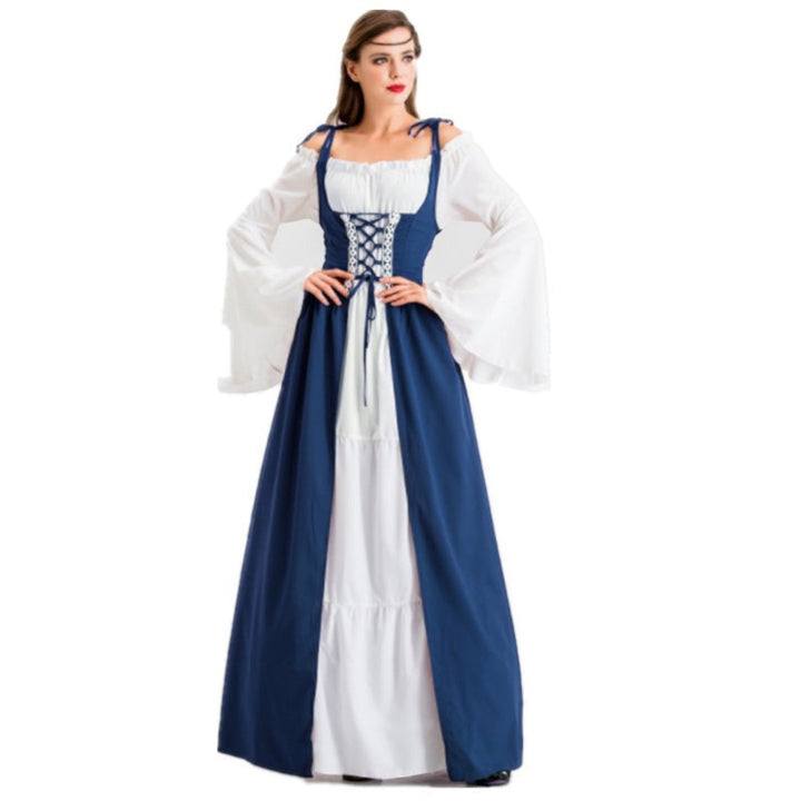 Vestido medieval Lars Hamburg azul e branco com mangas largas e corpete com atacadores para festas temáticas