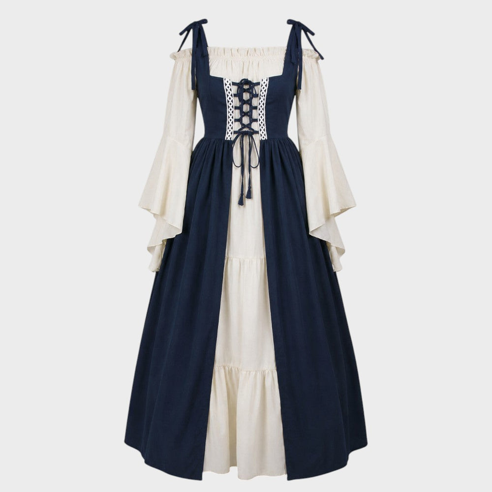 Vestido medieval Lars Hamburg azul escuro e creme com atacadores frontais, mangas compridas e corte tradicional.