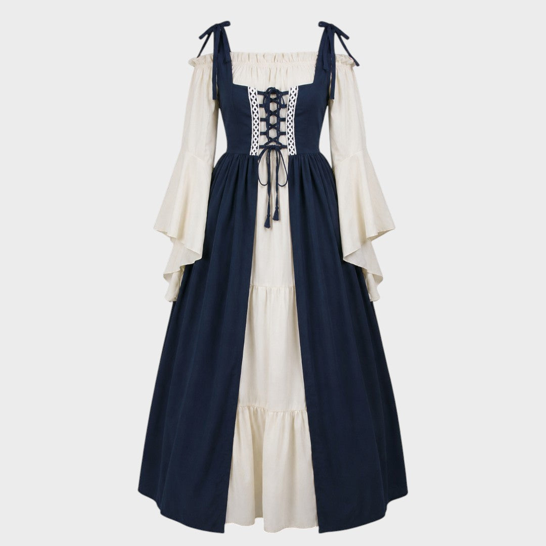 Vestido medieval Lars Hamburg azul escuro e creme com atacadores frontais, mangas compridas e corte tradicional.