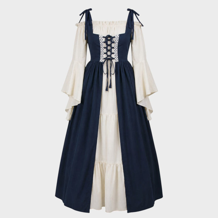 Vestido medieval Lars Hamburg azul escuro e creme com atacadores frontais, mangas compridas e corte tradicional.