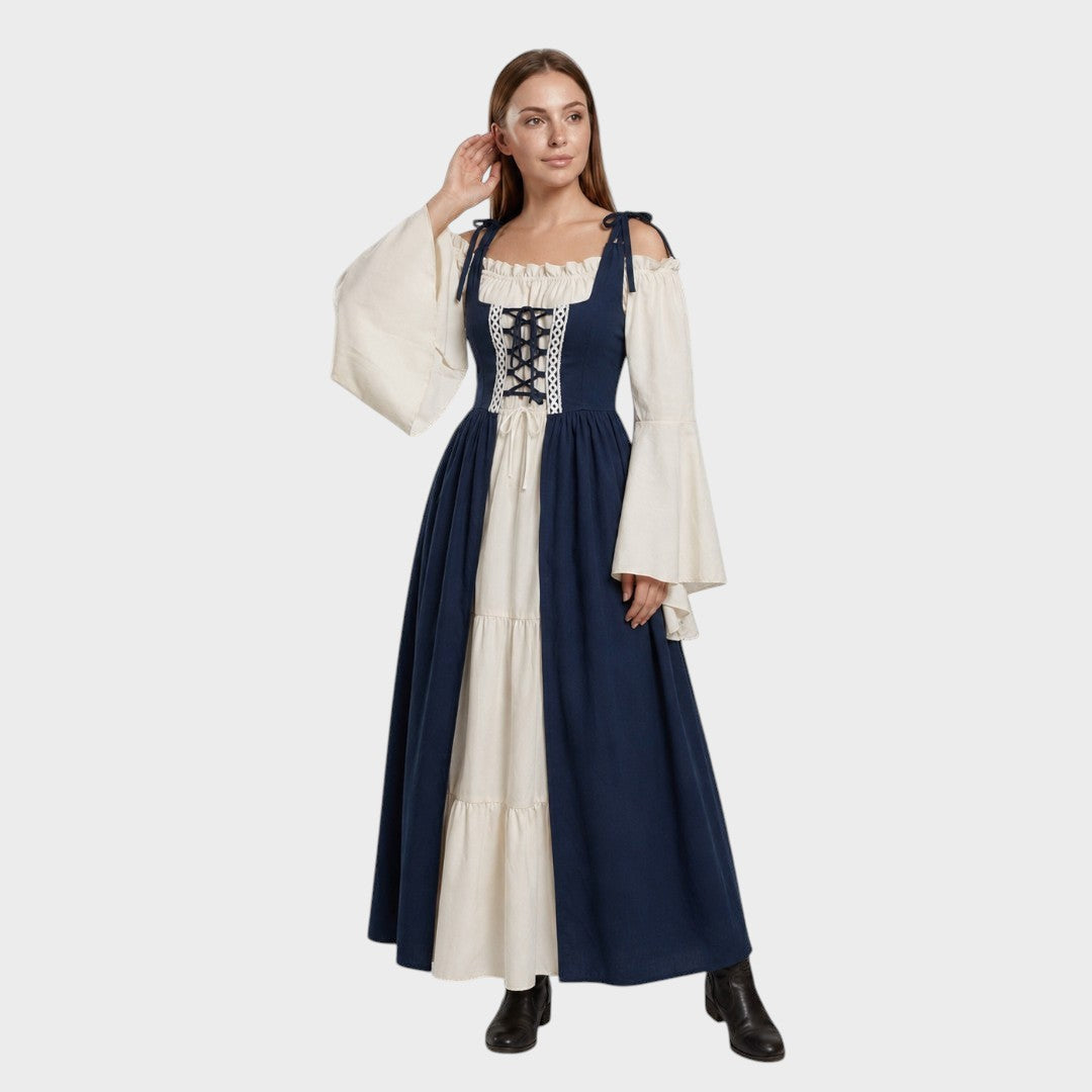 Vestido medieval Lars Hamburg azul e creme com mangas compridas, decote franzido e atacadores frontais.
