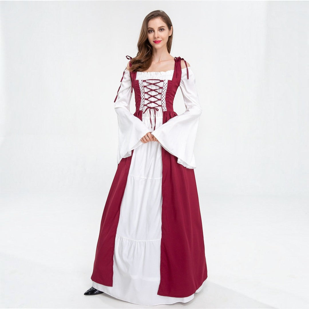 Vestido medieval Lars Hamburg em bordô e branco com mangas largas, corpete com atacadores e estilo histórico.